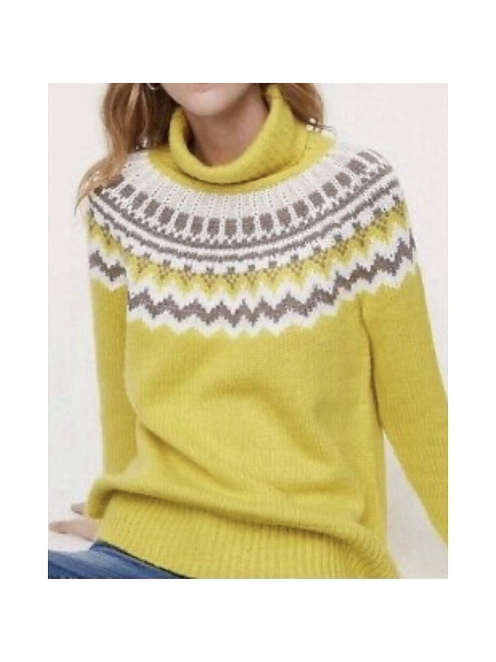 LOFT Fair Isle Print Turtleneck Knit Mohair Wool Blend Sweater MED Yellow Preppy